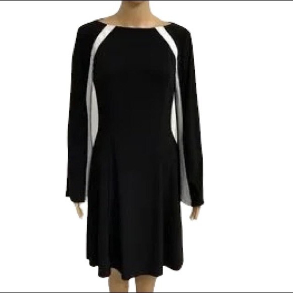 Lauren Ralph Lauren Black White Colorblock Dress Boat Neck Size 6 Flare Sleeve
